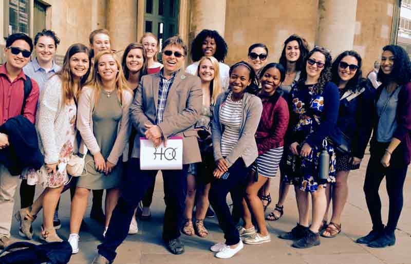 Young students outside All Souls Church in Langham Place.